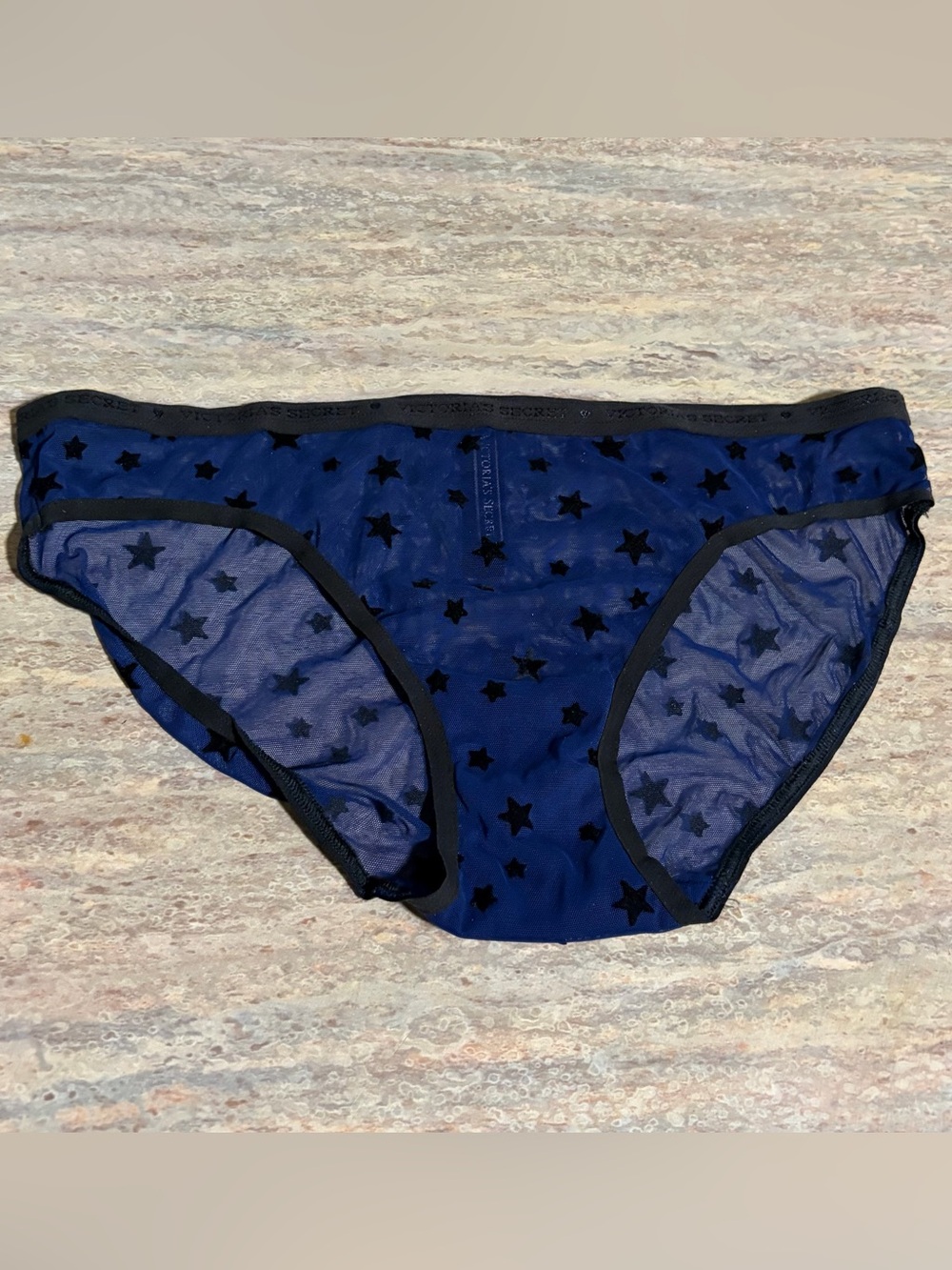 NWOT Victoria's Secret Navy Mesh Bikini Bottoms with Black Star Print